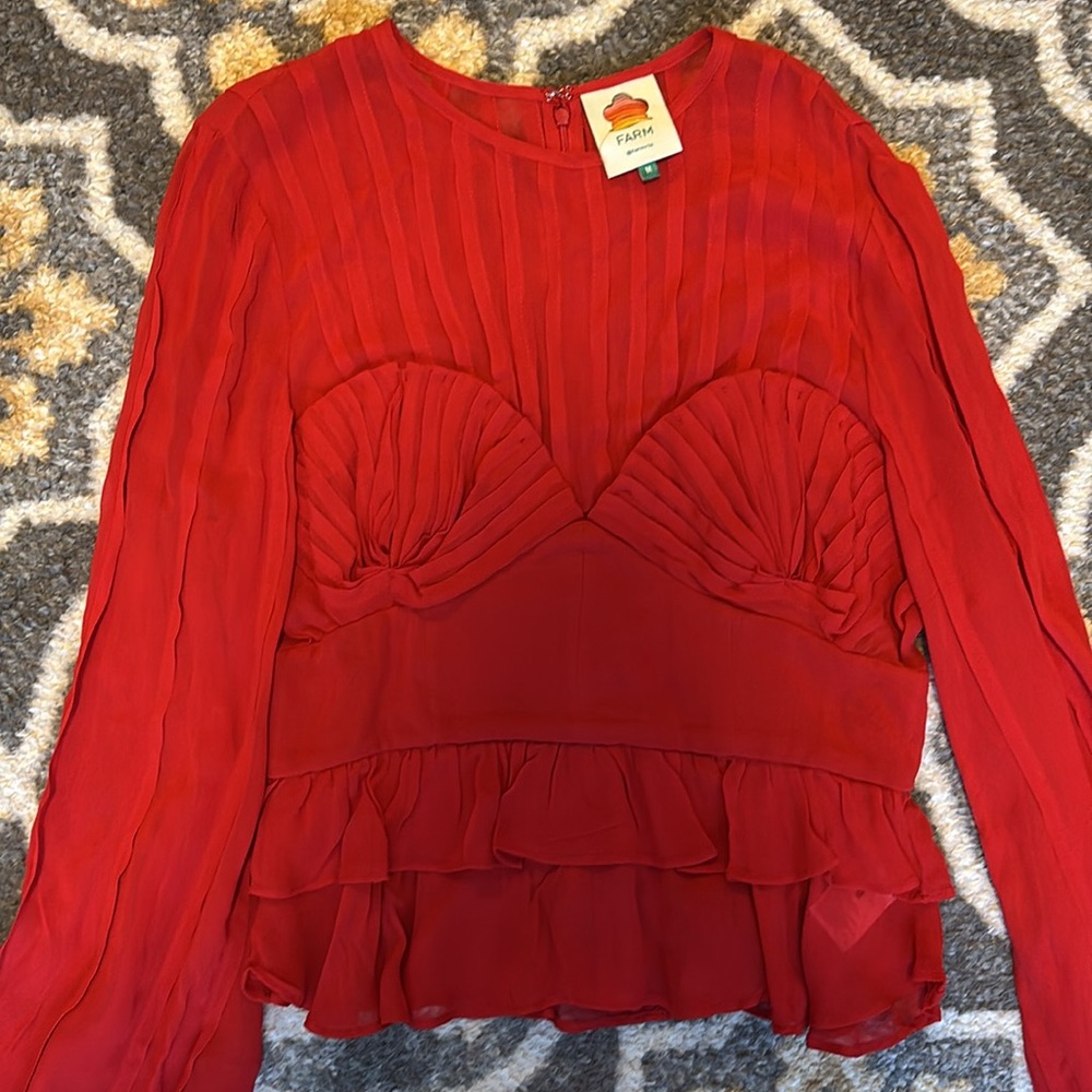 Farm Rio Red Pleated Long Sleeve Peplum Bustier Top - Picture 4 of 5